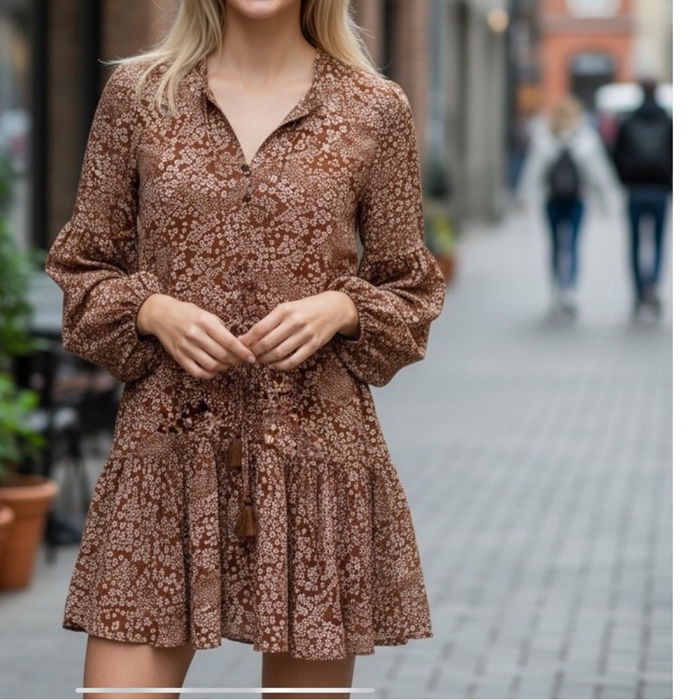 Aakaa Brown Floral Long Sleeve Dress NWT